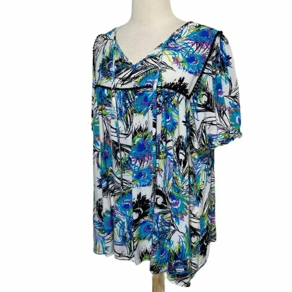 Dressbarn 2X blue peacock print peasant top - Picture 4 of 6